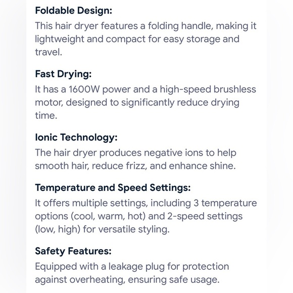 New Foldable Hair Dyer Blue Lightweight 2 Heat Settings Includes Travel Bag - Picture 9 of 10